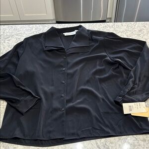 Vintage Yves St.Claire Black Satin Button-Up Double Collar Blouse